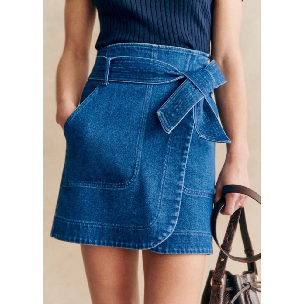 Cabi 5664 Tie Waist Denim Mini Skirt Medium Wash Blue Paperbag High Rise Size 0